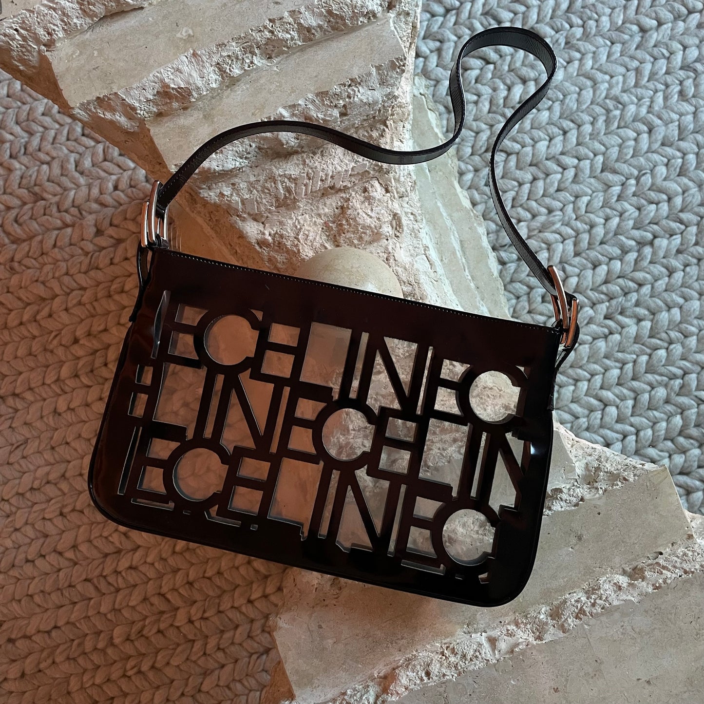 Vintage Celine Translucent Black Cut Out Logo Shoulder Bag