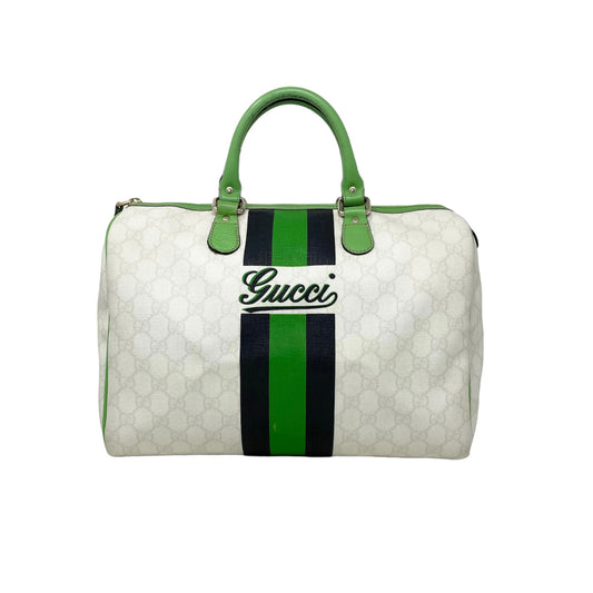 Gucci White/Green GG Supreme Canvas And Leather Medium Web Stripe Joy Boston Bag